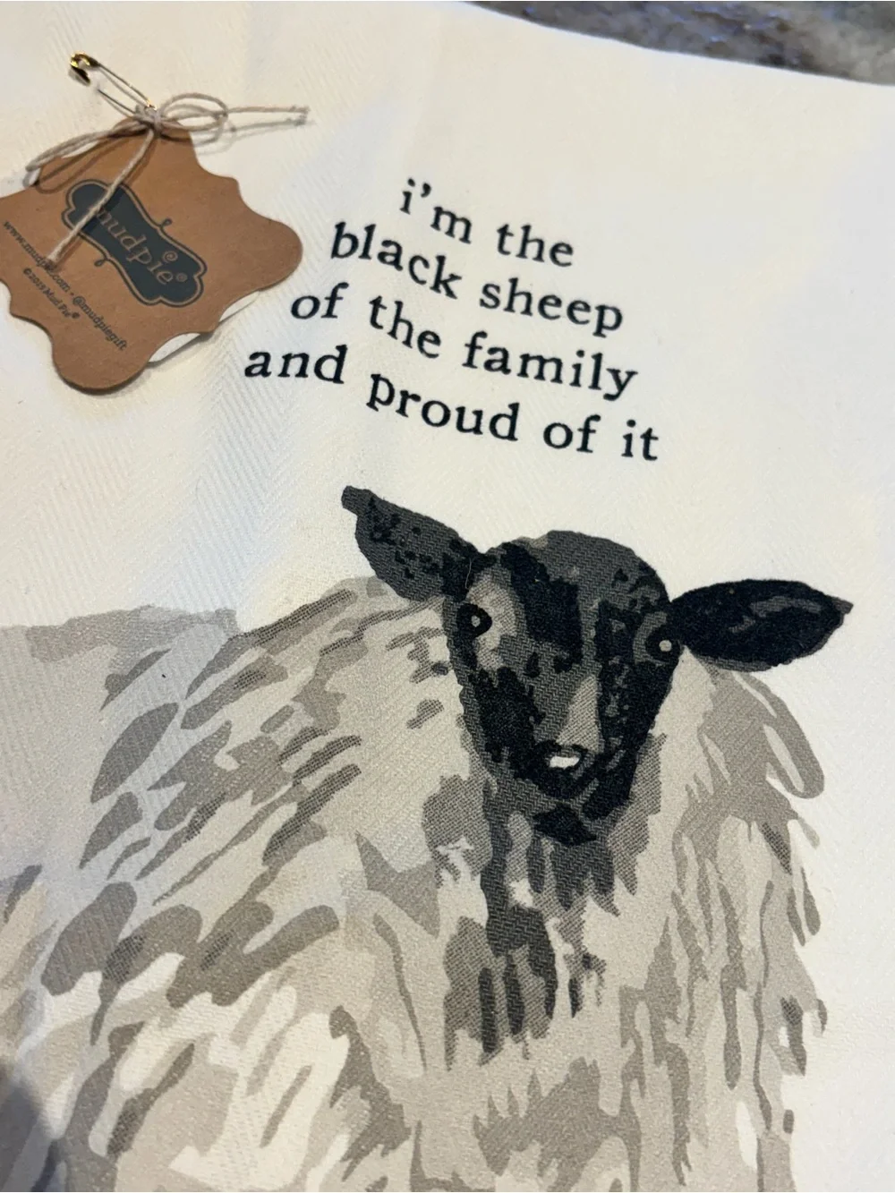 Mud Pie White Cotton Tea Towel with Black Sheep Graphic